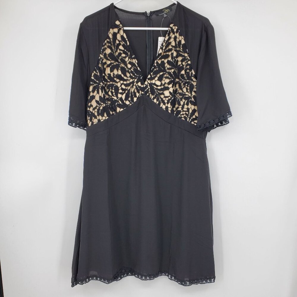 NWT Suzanne Betro Black and Nude Panel‎ Lace Cutout Babydoll Top Dress Size 2X